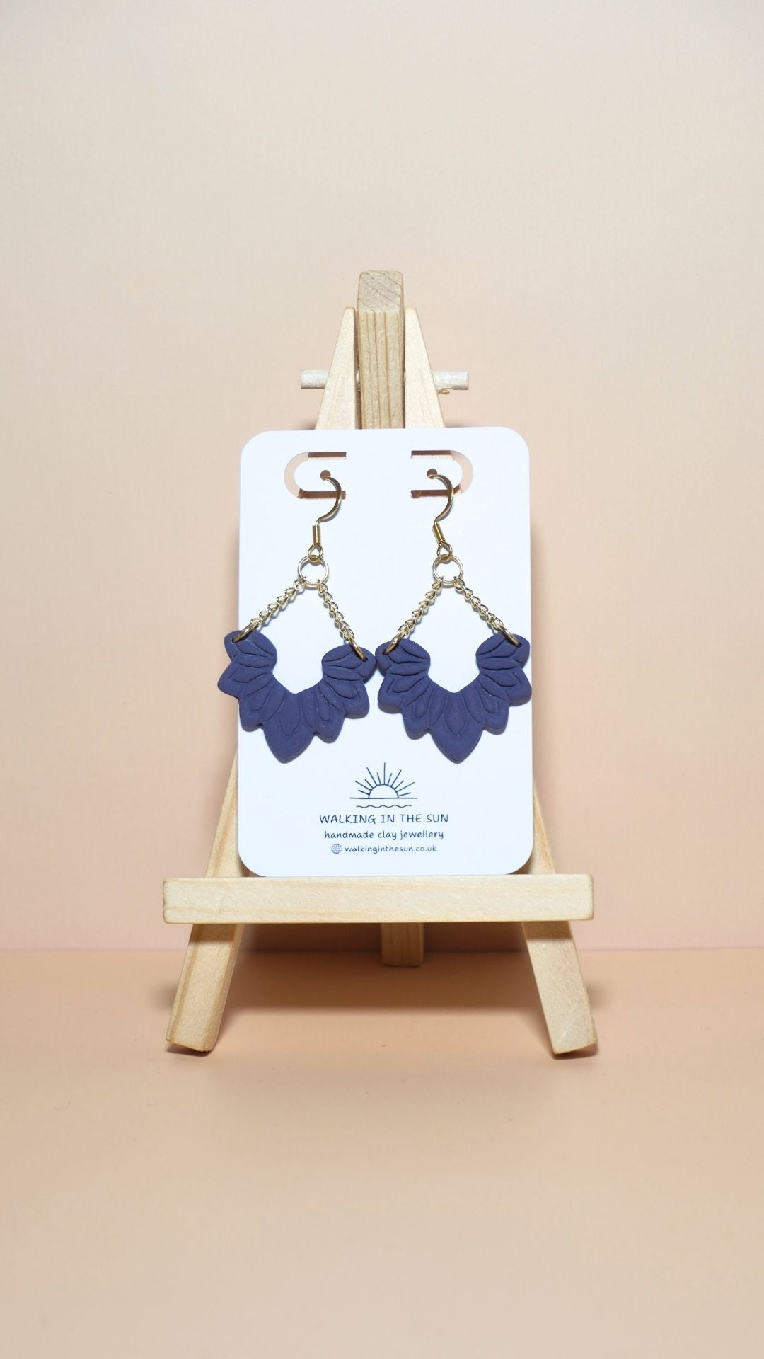 Handmade floral dangle with chains polymer clay earrings in plum purple