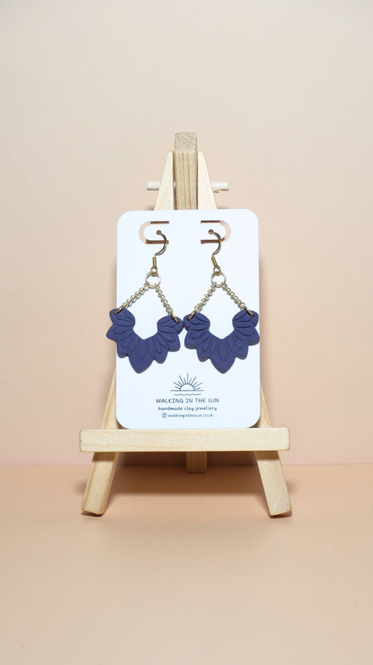 Handmade floral dangle with chains polymer clay earrings in plum purple
