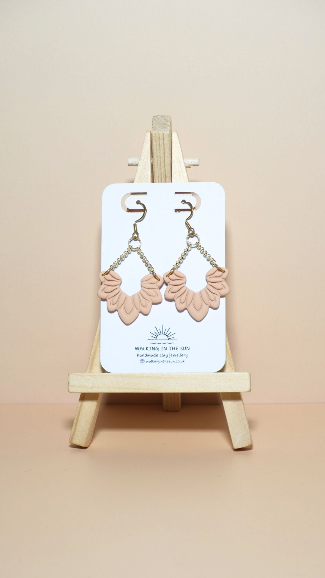 Handmade floral dangle with chains polymer clay earrings in sandy beige