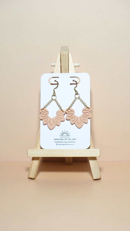Handmade floral dangle with chains polymer clay earrings in sandy beige