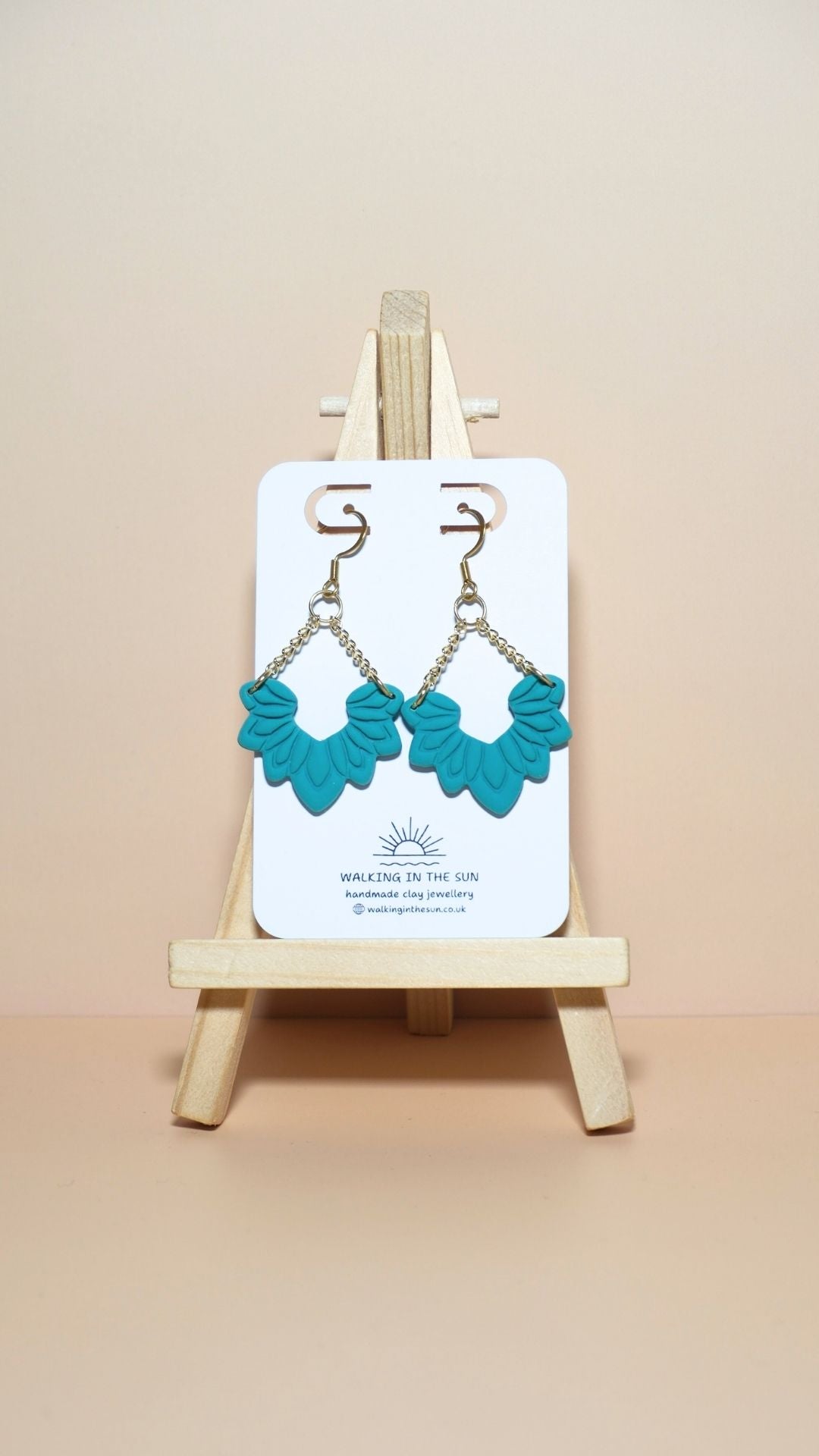 Handmade floral dangle with chains polymer clay earrings in sea blue