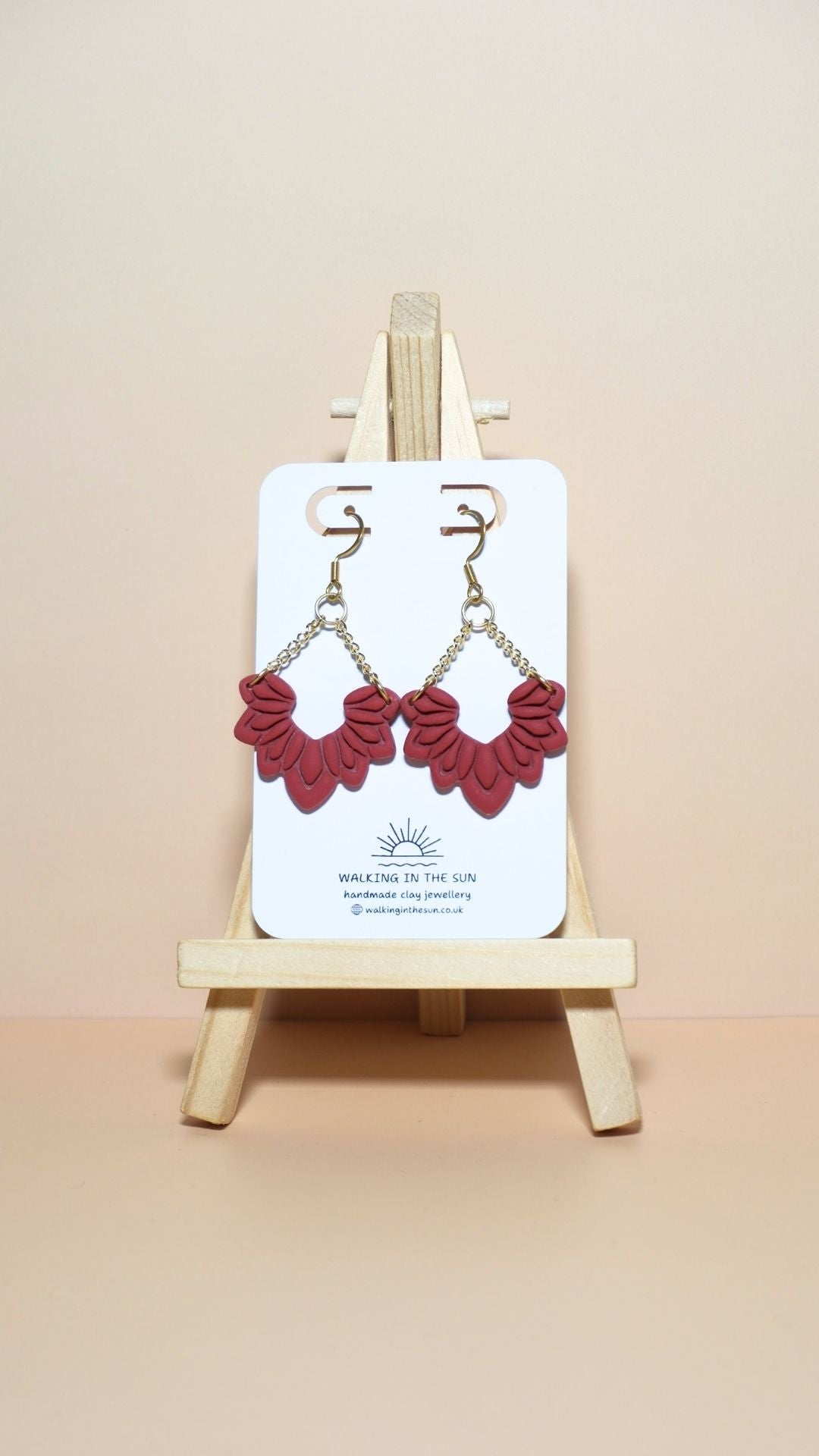 Handmade floral dangle with chains polymer clay earrings in strawberry red
