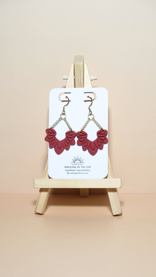 Handmade floral dangle with chains polymer clay earrings in strawberry red