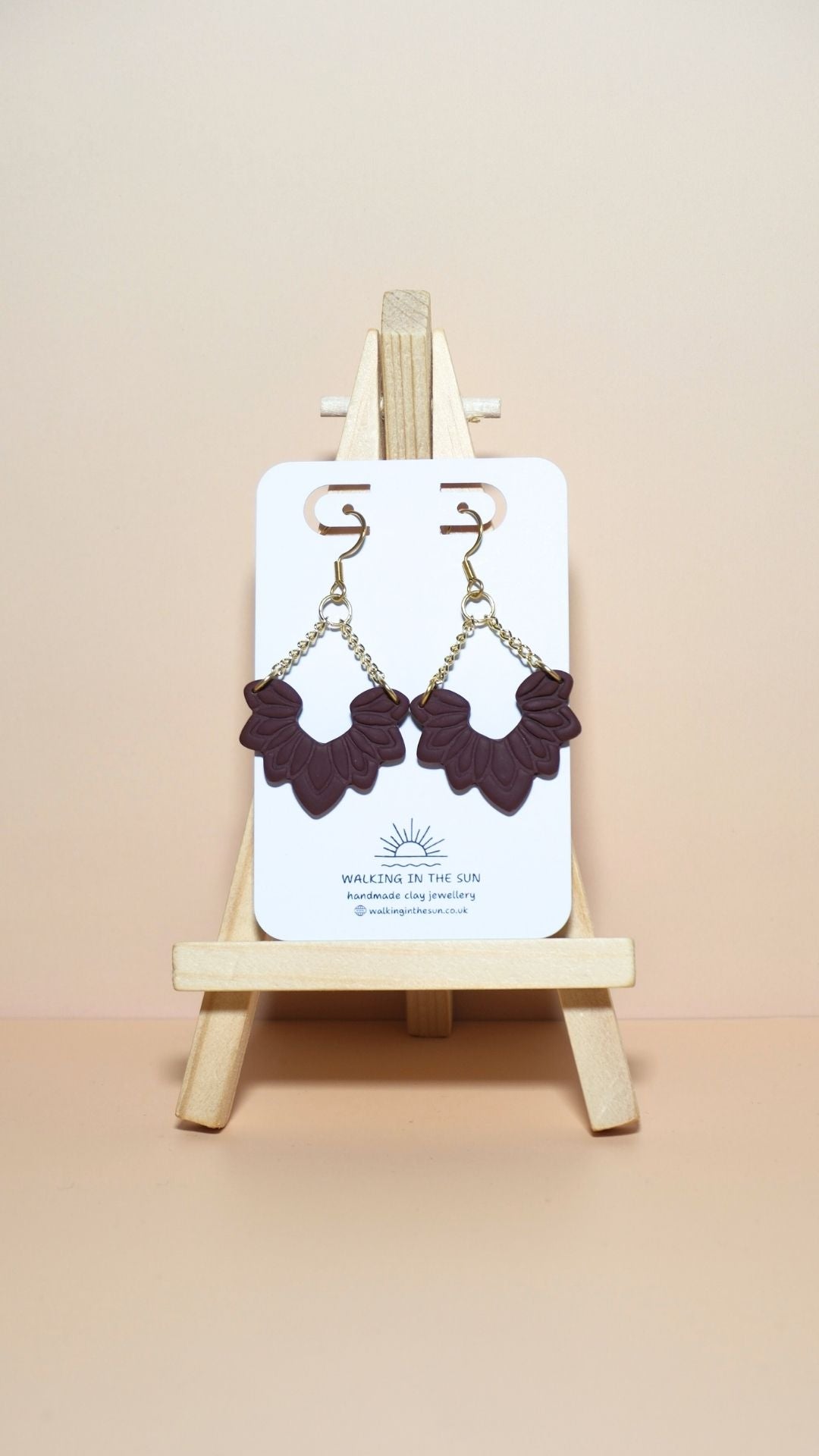 Handmade floral dangle with chains polymer clay earrings in wine red