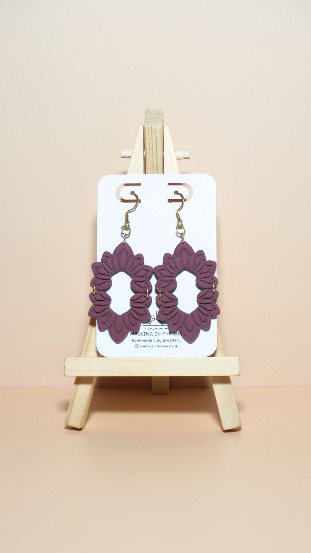 Handmade floral long dangle polymer clay earrings in berry red