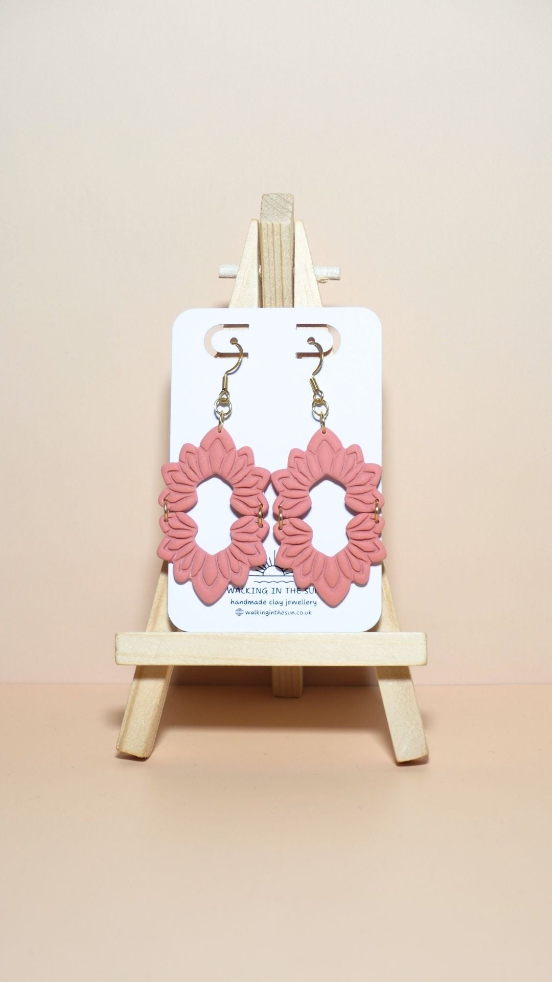 Handmade floral long dangle polymer clay earrings in coral pink
