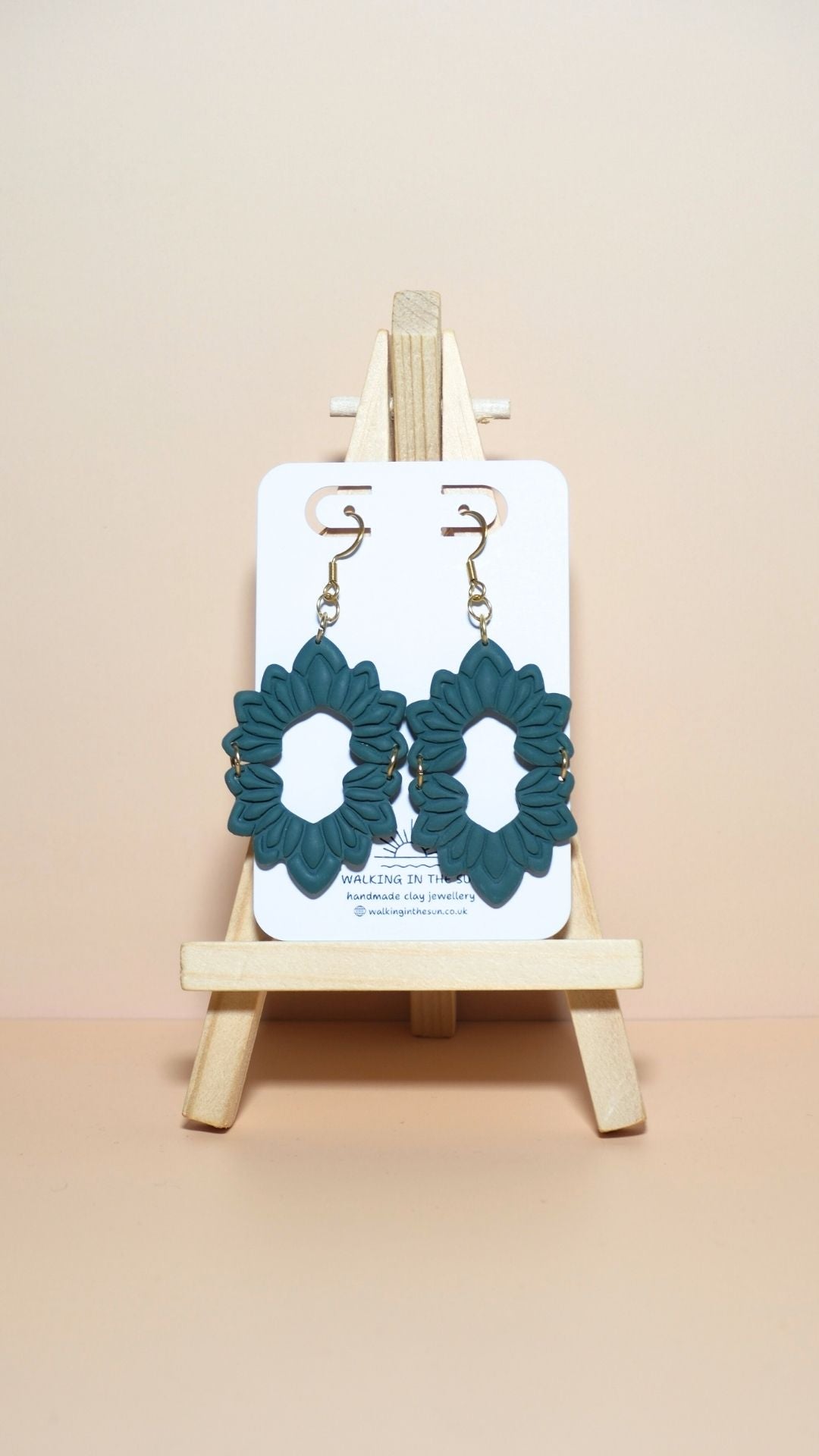 Handmade floral long dangle polymer clay earrings in forest green
