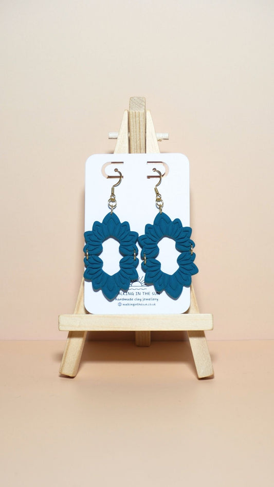 Handmade floral long dangle polymer clay earrings in ice blue