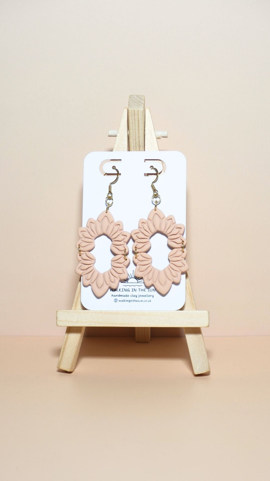 Handmade floral long dangle polymer clay earrings in sandy beige