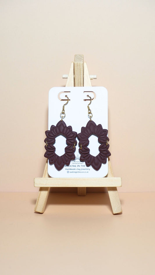 Handmade floral long dangle polymer clay earrings in wine red