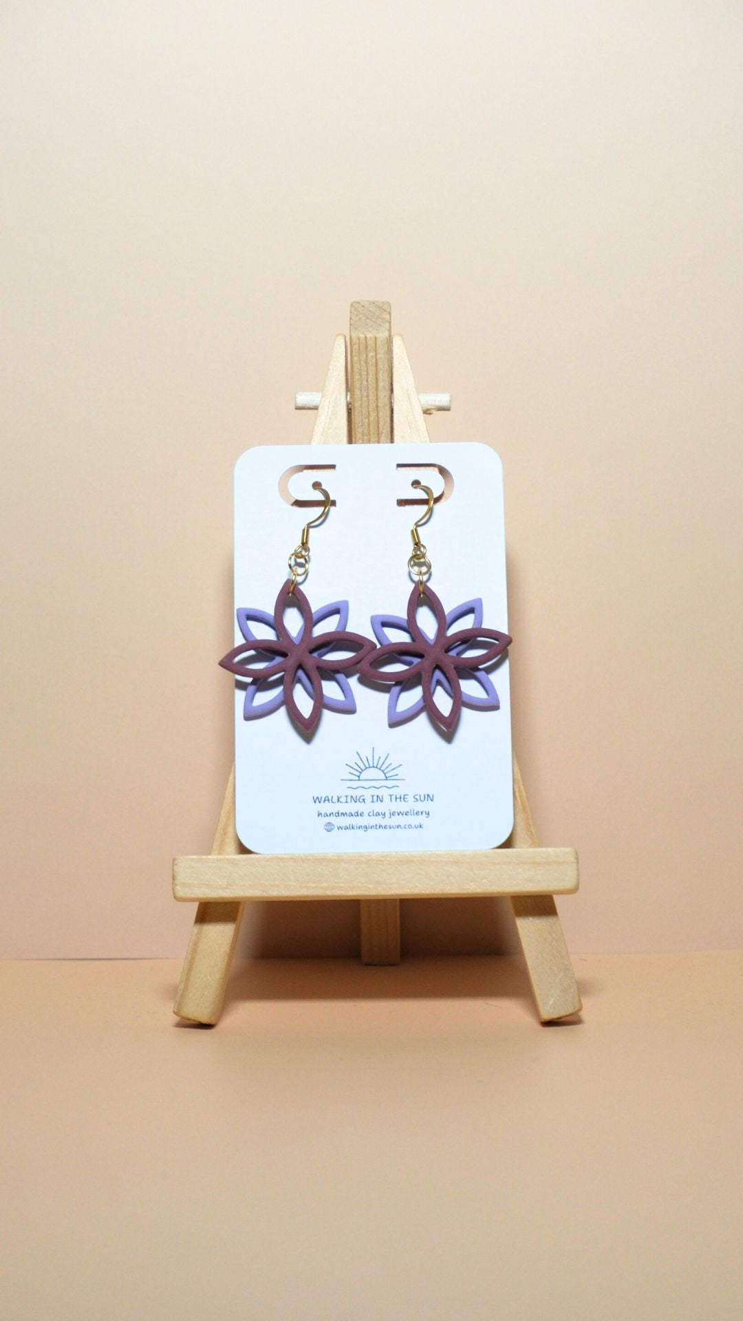 Handmade floral overlap polymer clay earrings in berry red and orchid lilac