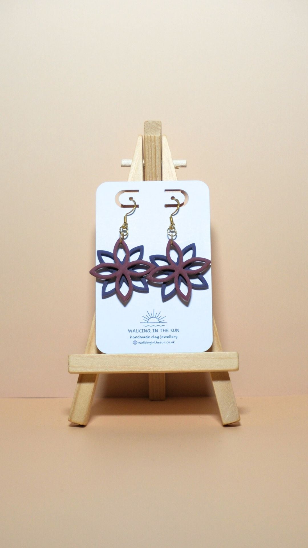 Handmade floral overlap polymer clay earrings in berry red and plum purple