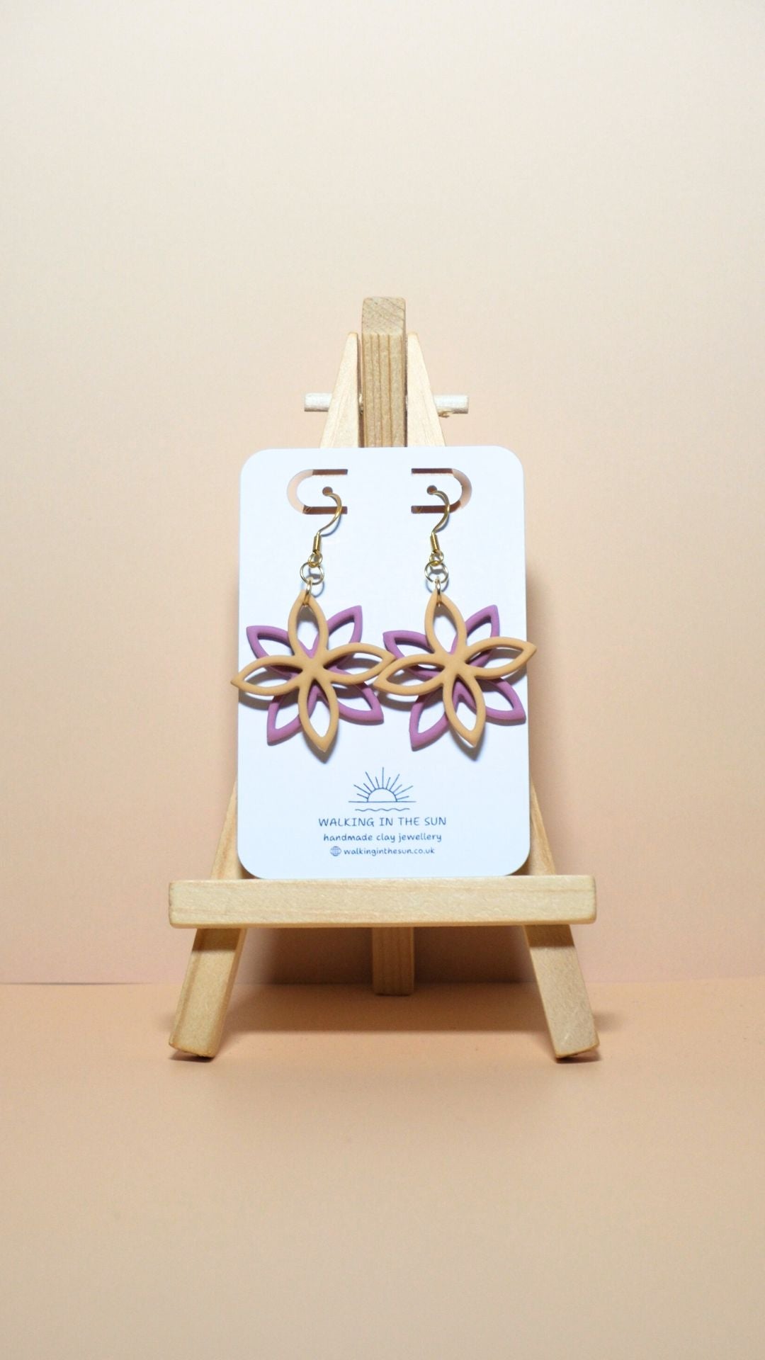 Handmade floral overlap polymer clay earrings in daffodil yellow and magnolia pink