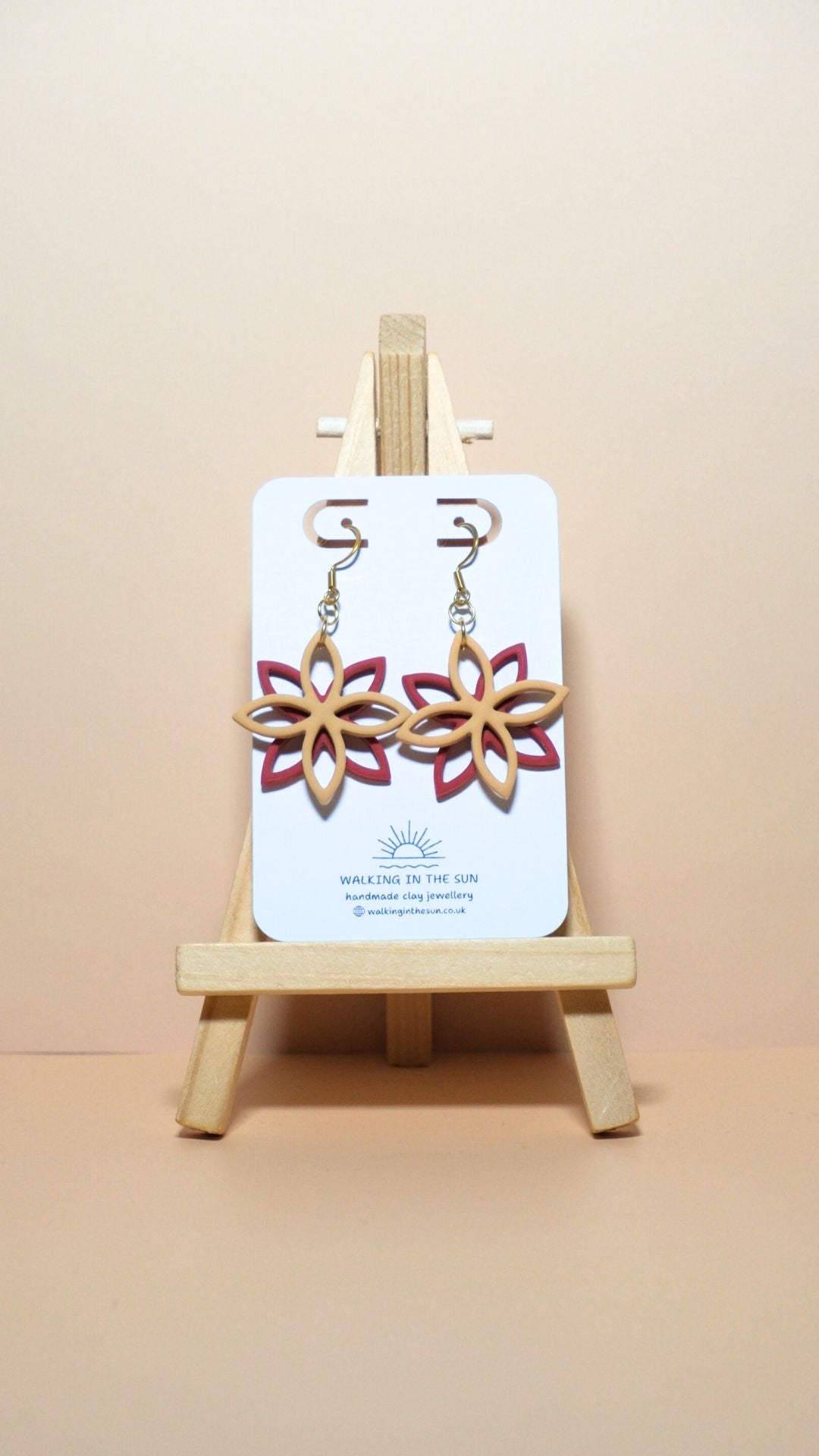 Handmade floral overlap polymer clay earrings in daffodil yellow and strawberry red