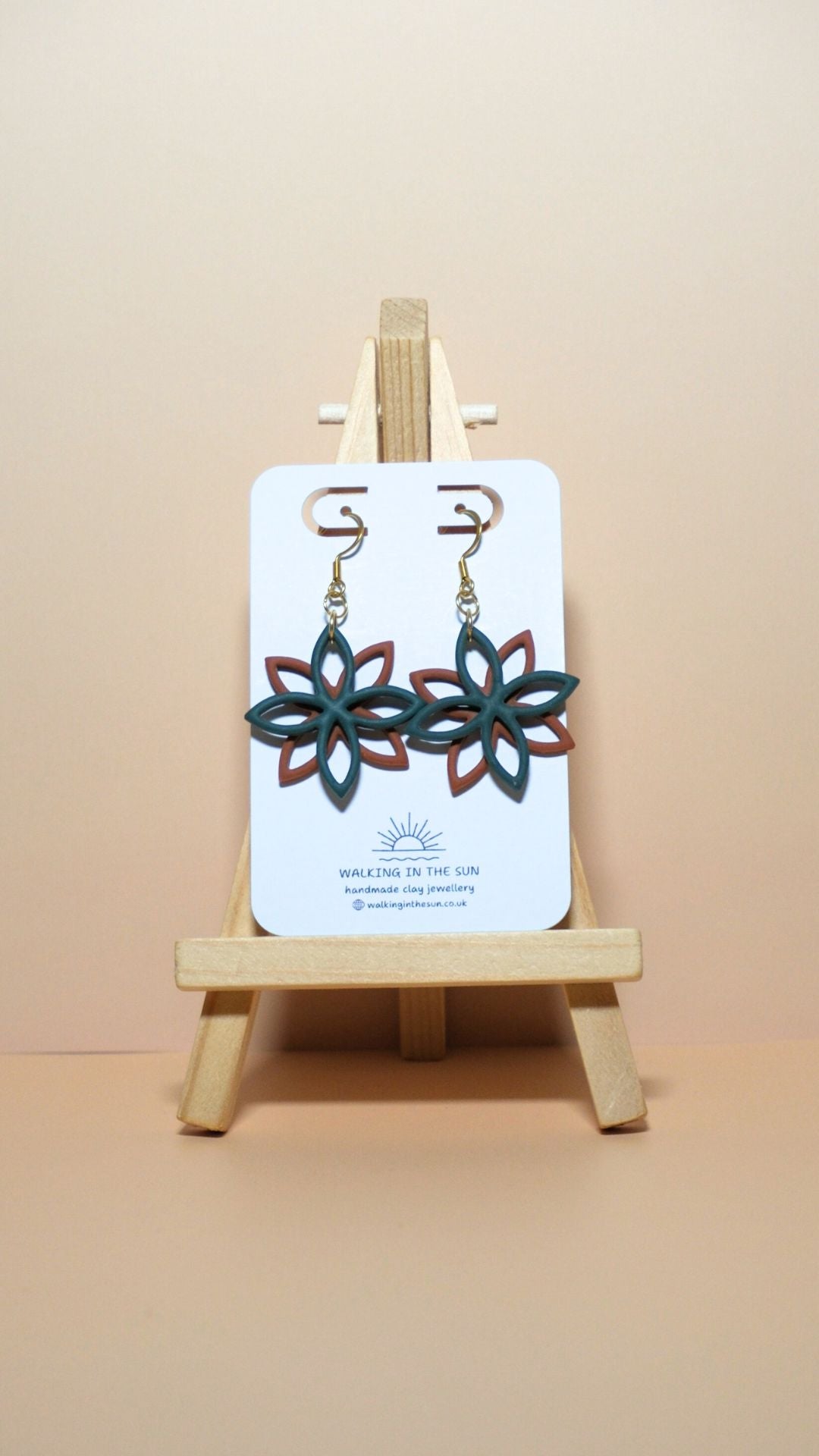 Handmade floral overlap polymer clay earrings in forest green and burnt orange