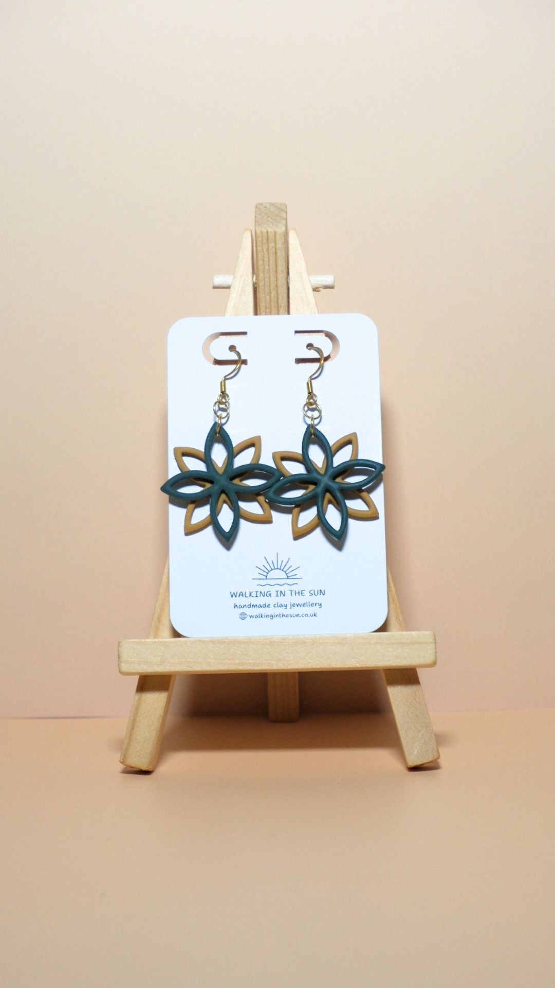 Handmade floral overlap polymer clay earrings in forest green and mustard yellow