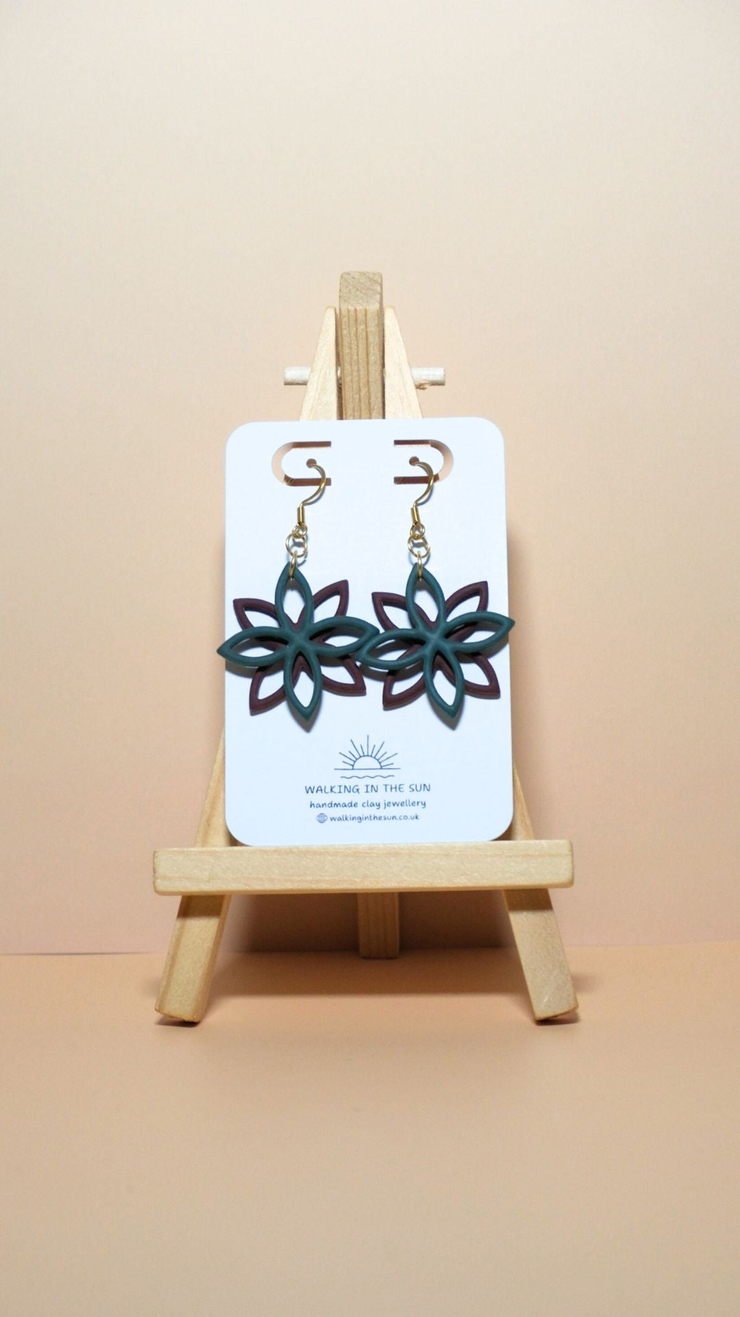 Handmade floral overlap polymer clay earrings in forest green and wine red