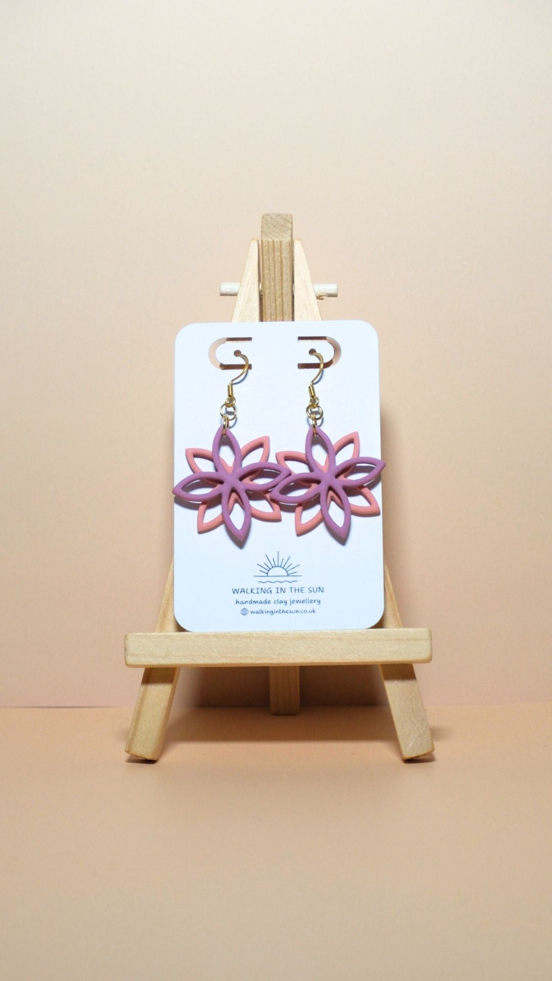 Handmade floral overlap polymer clay earrings in magnolia pink and peach orange