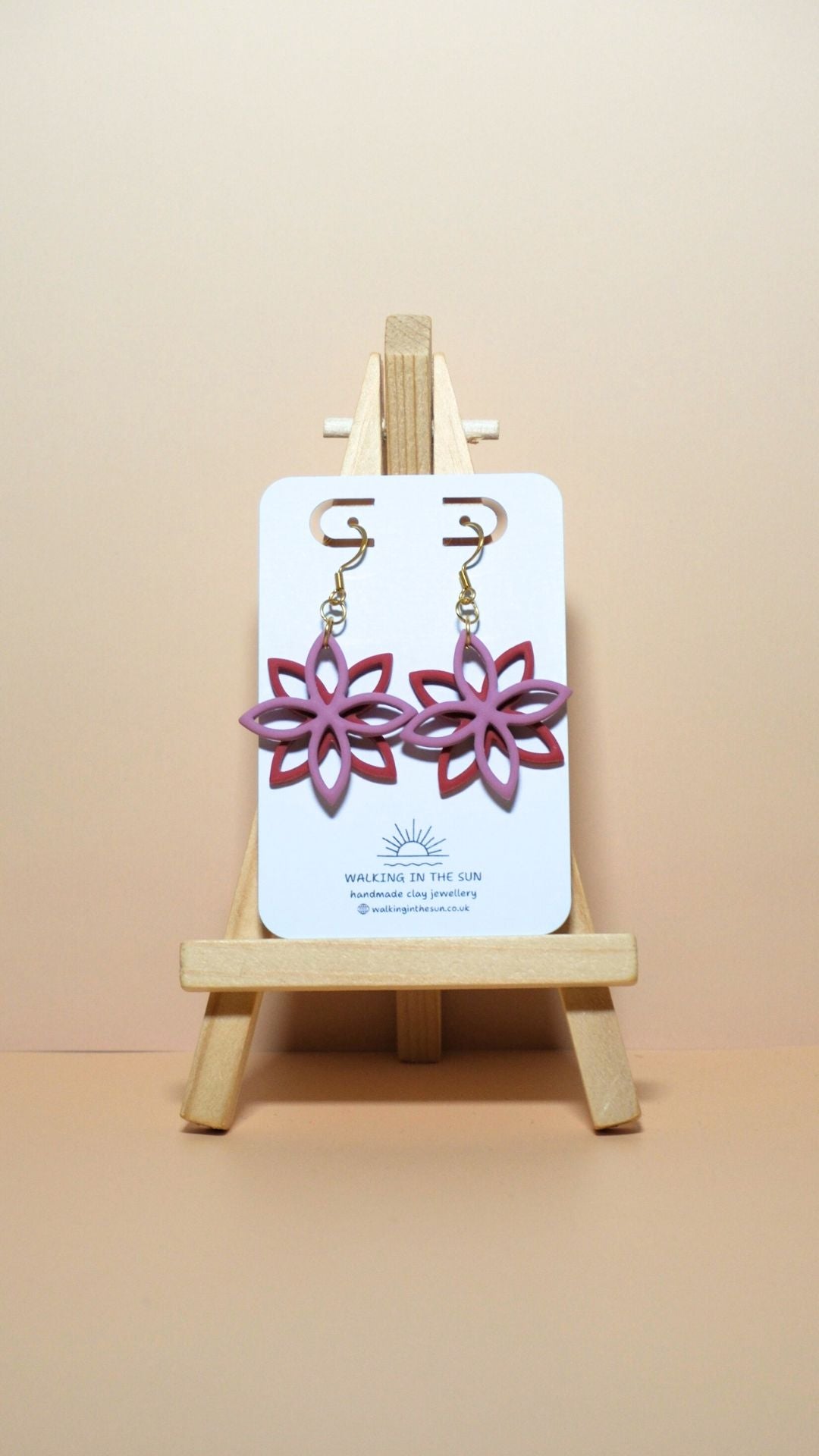 Handmade floral overlap polymer clay earrings in magnolia pink and strawberry red