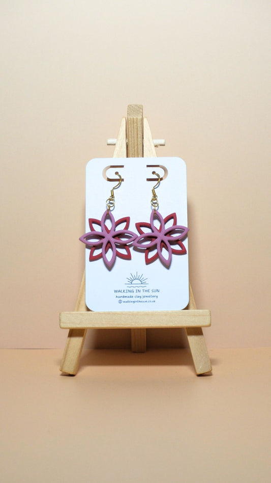 Handmade floral overlap polymer clay earrings in magnolia pink and strawberry red