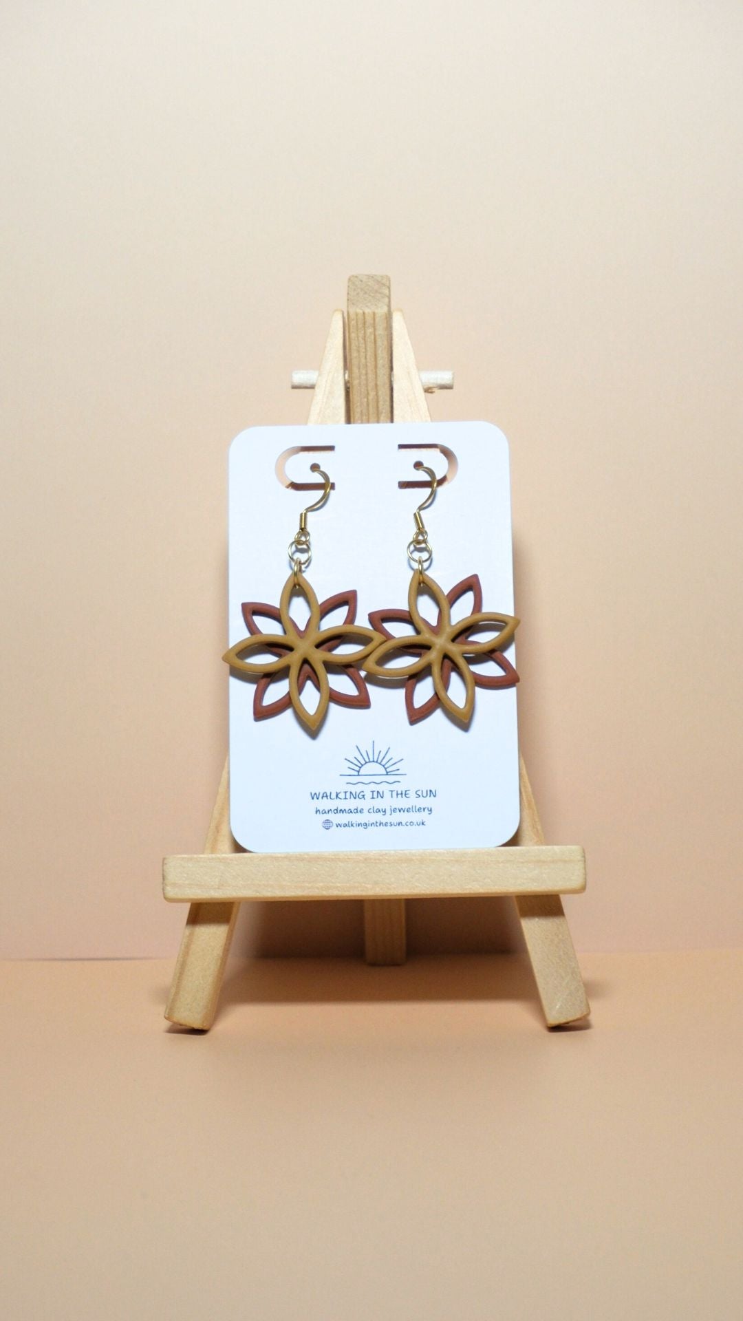 Handmade floral overlap polymer clay earrings in mustard yellow and burnt orange