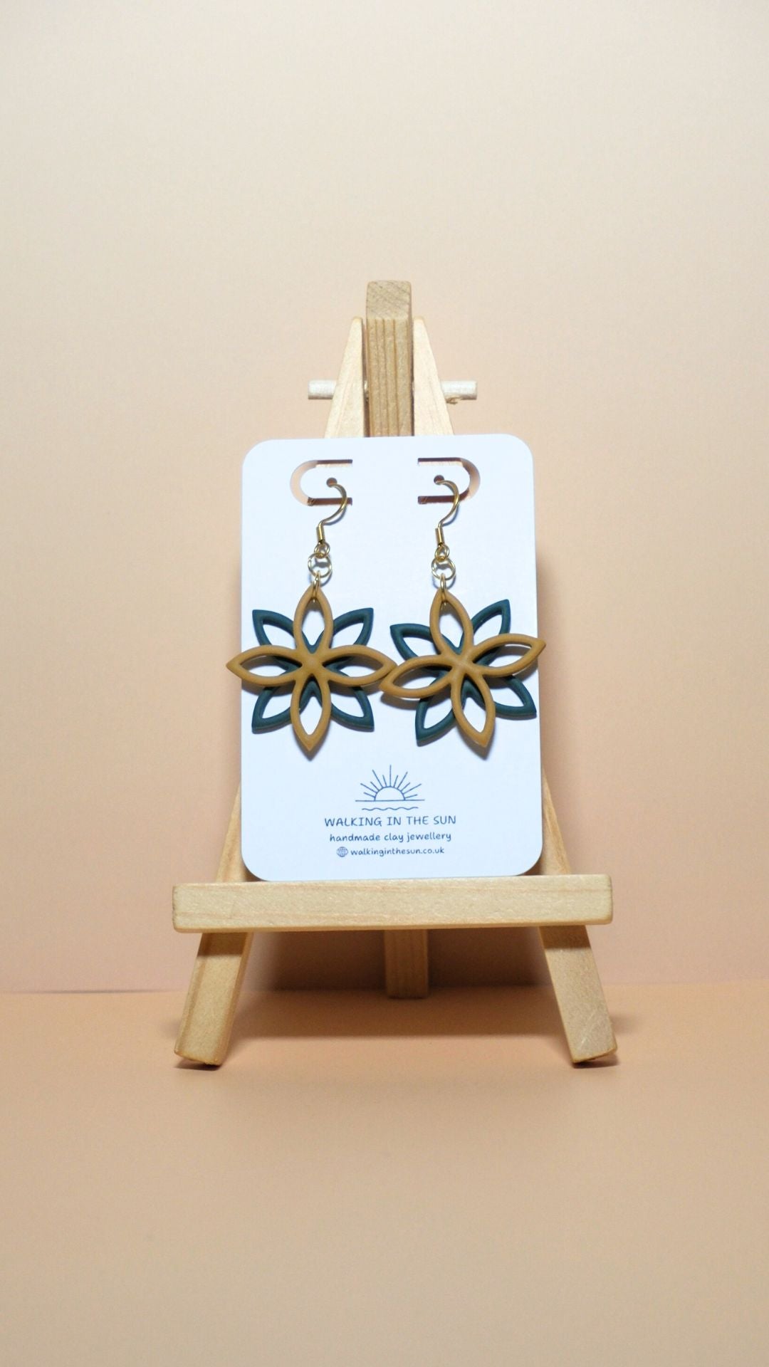 Handmade floral overlap polymer clay earrings in mustard yellow and forest green