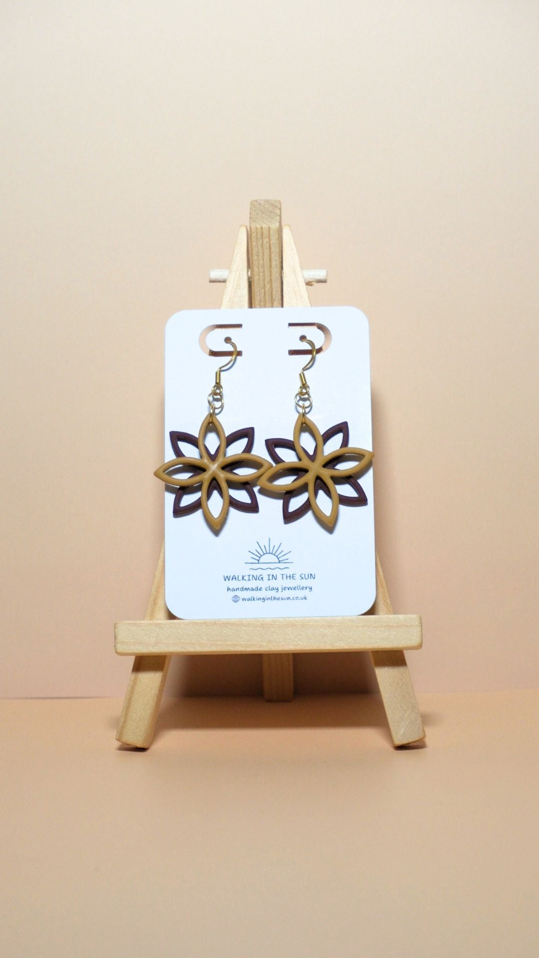 Handmade floral overlap polymer clay earrings in mustard yellow and wine red