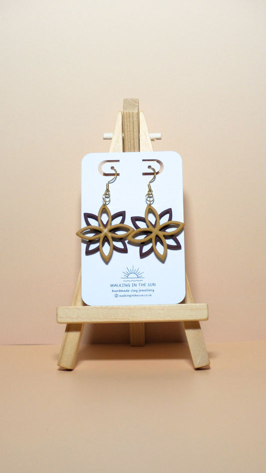 Handmade floral overlap polymer clay earrings in mustard yellow and wine red