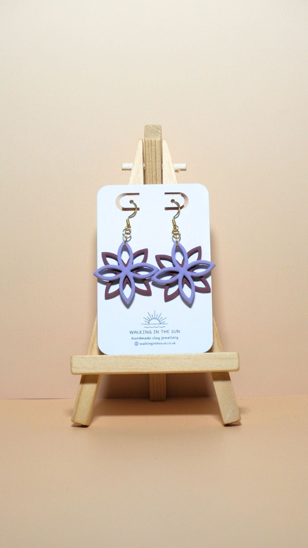 Handmade floral overlap polymer clay earrings in orchid lilac and berry red