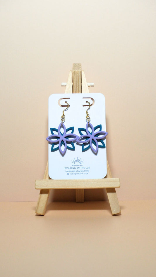 Handmade floral overlap polymer clay earrings in orchid lilac and ice blue