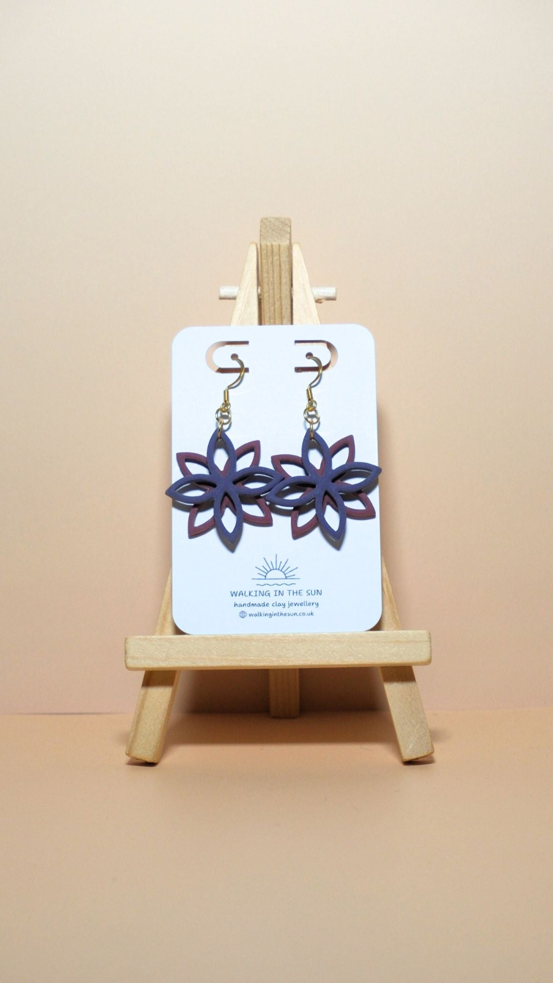 Handmade floral overlap polymer clay earrings in plum purple and berry red