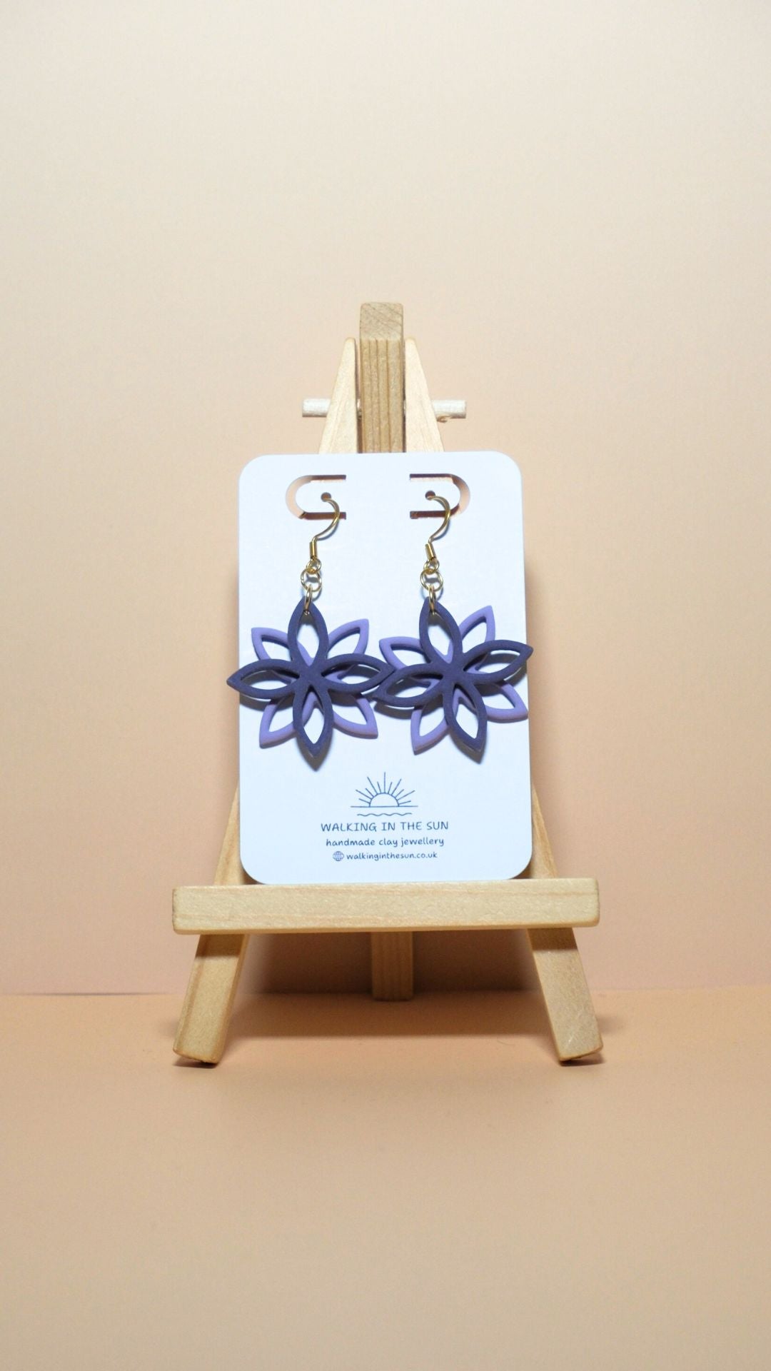 Handmade floral overlap polymer clay earrings in plum purple and orchid lilac