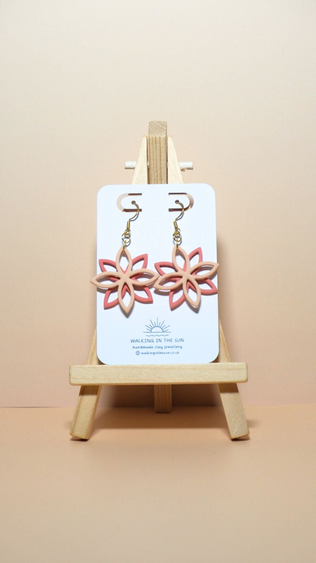 Handmade floral overlap polymer clay earrings in sandy beige and coral pink