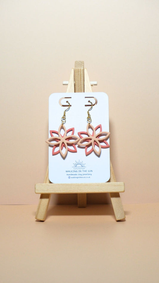 Handmade floral overlap polymer clay earrings in sandy beige and coral pink
