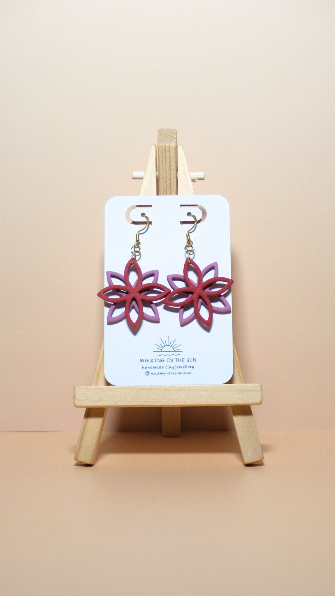 Handmade floral overlap polymer clay earrings in strawberry red and magnolia pink