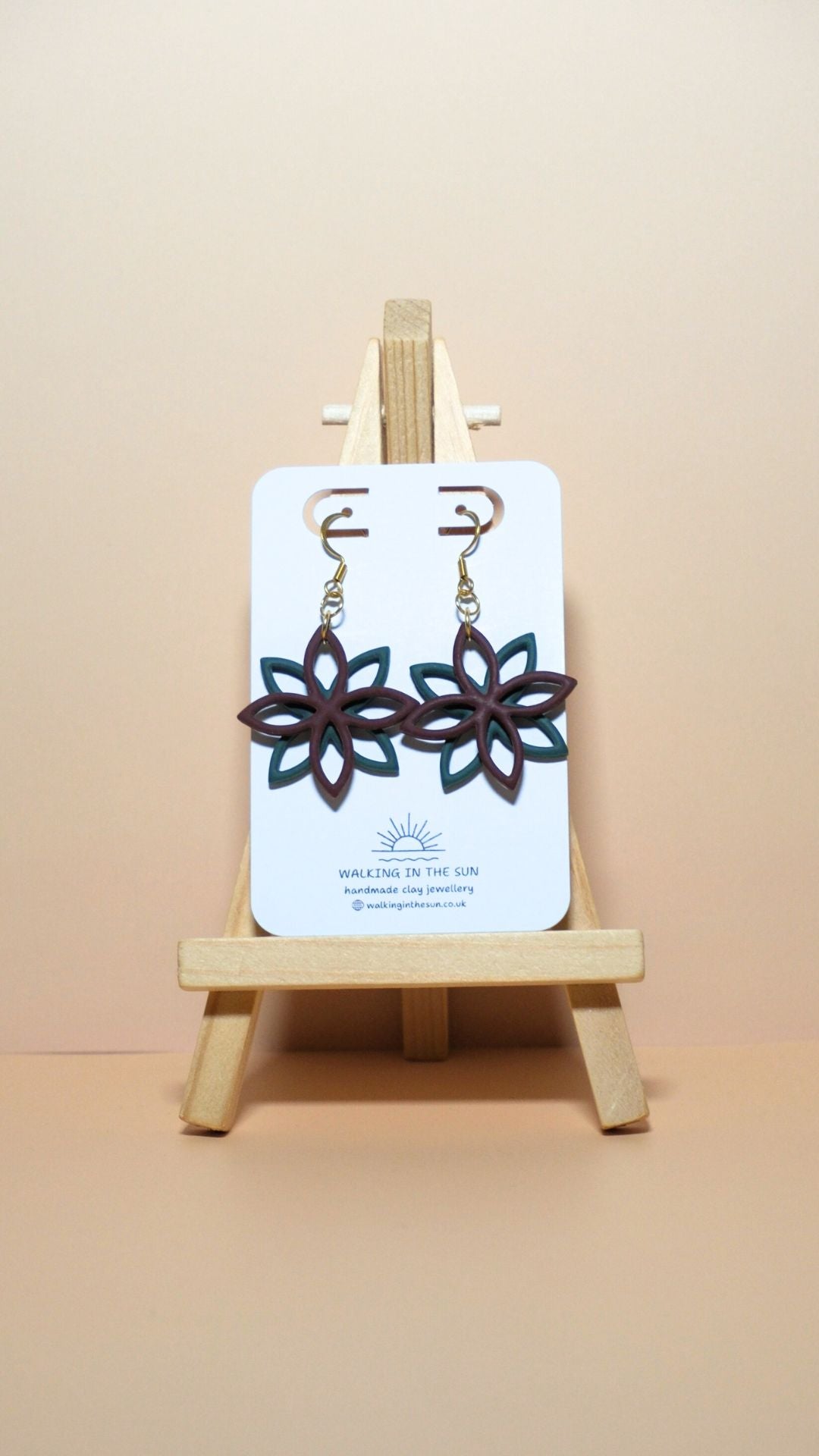 Handmade floral overlap polymer clay earrings in wine red and forest green