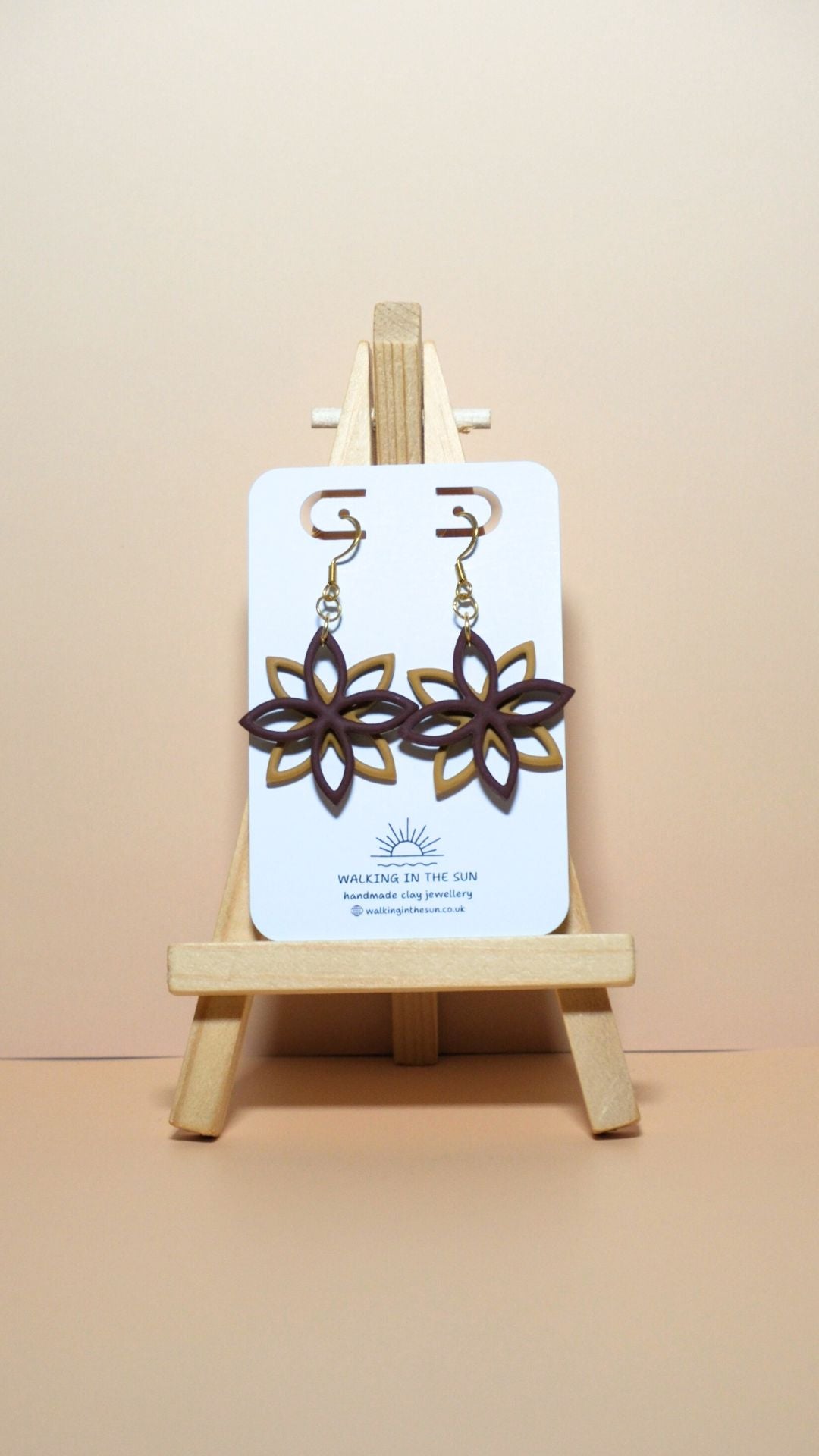 Handmade floral overlap polymer clay earrings in wine red and mustard yellow