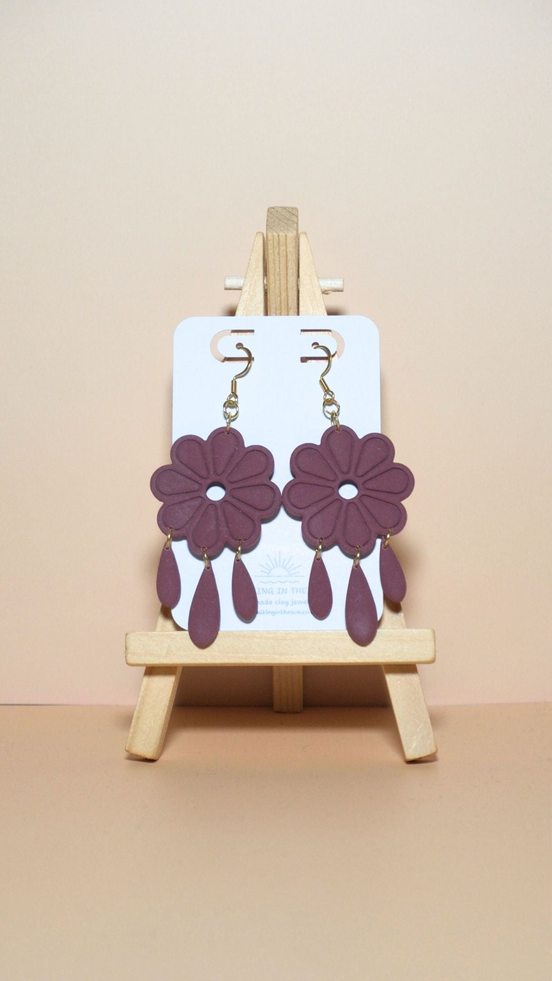 Handmade floral with dangles polymer clay earrings in berry red