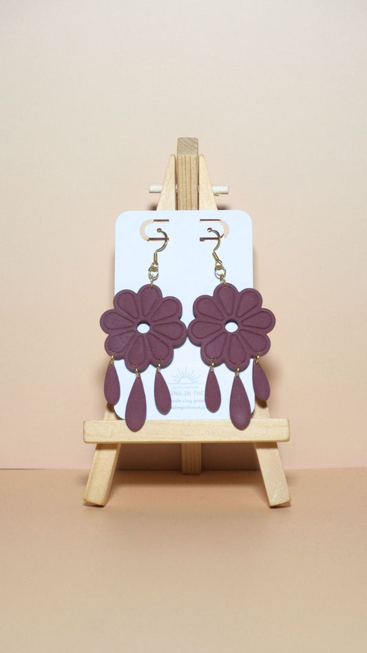 Handmade floral with dangles polymer clay earrings in berry red