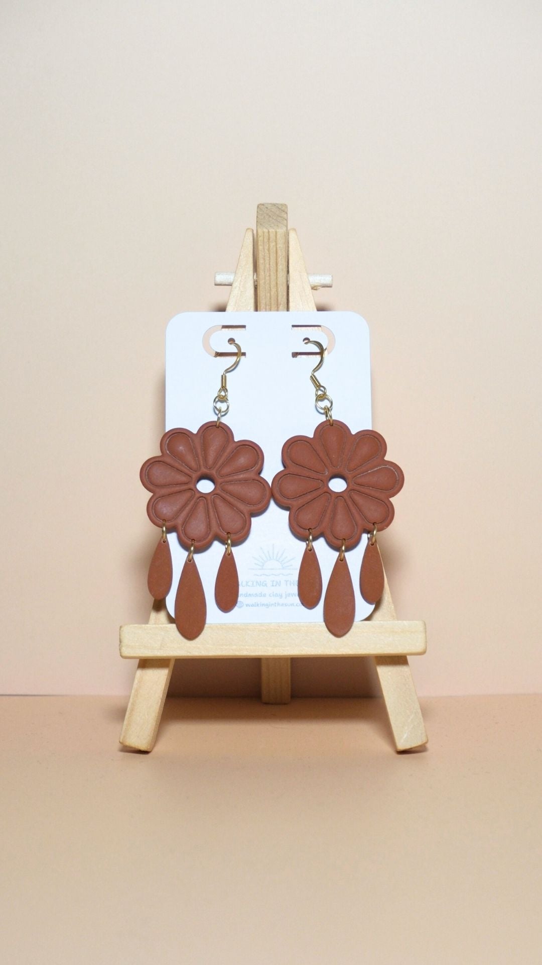Handmade floral with dangles polymer clay earrings in burnt orange