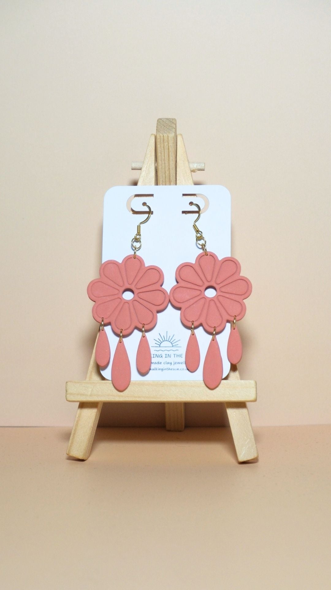 Handmade floral with dangles polymer clay earrings in coral pink