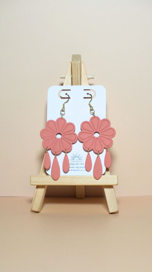 Handmade floral with dangles polymer clay earrings in coral pink