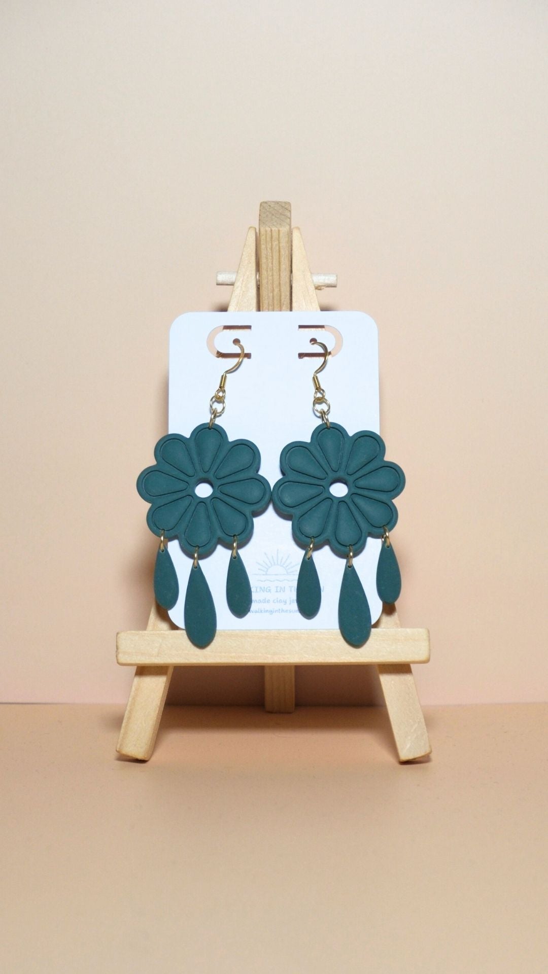 Handmade floral with dangles polymer clay earrings in forest green