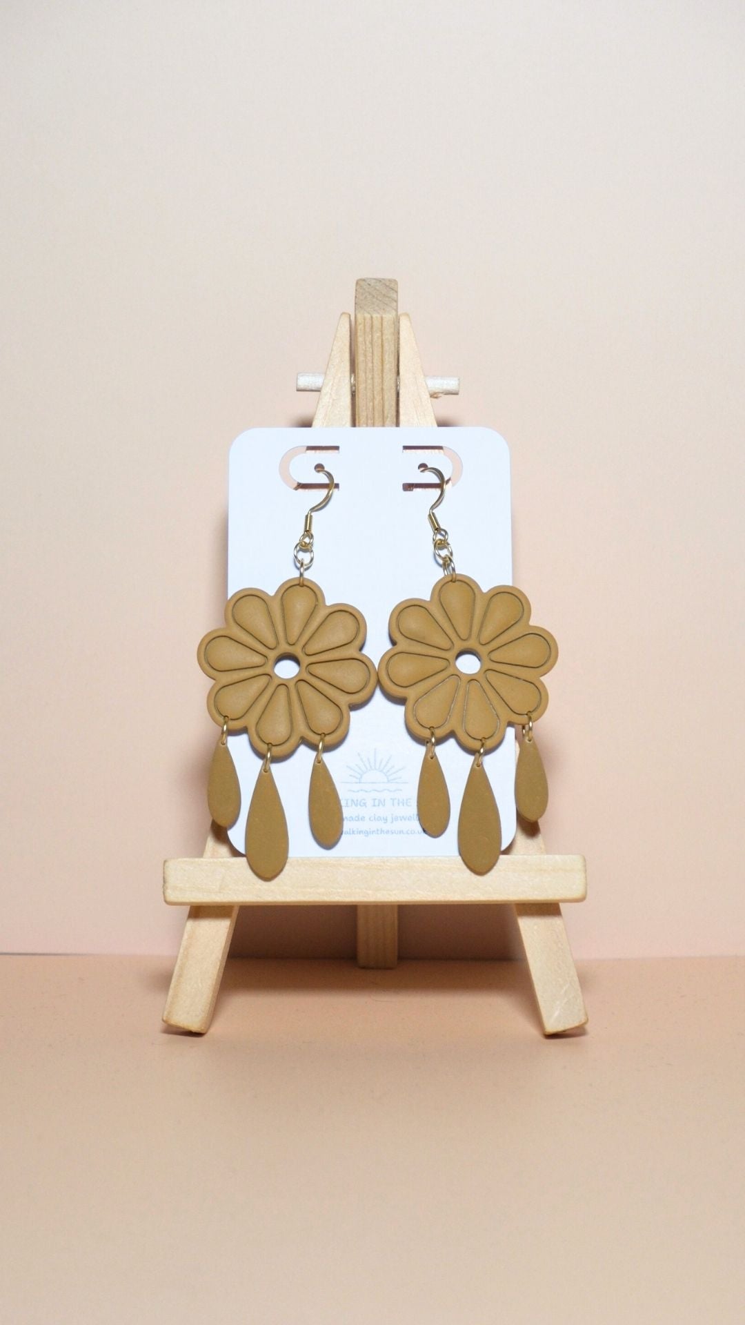 Handmade floral with dangles polymer clay earrings in mustard yellow