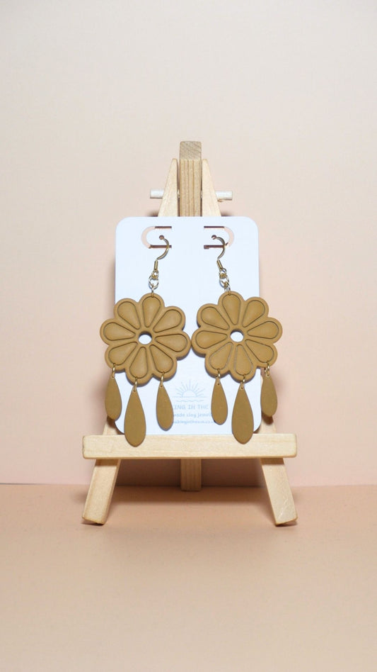 Handmade floral with dangles polymer clay earrings in mustard yellow
