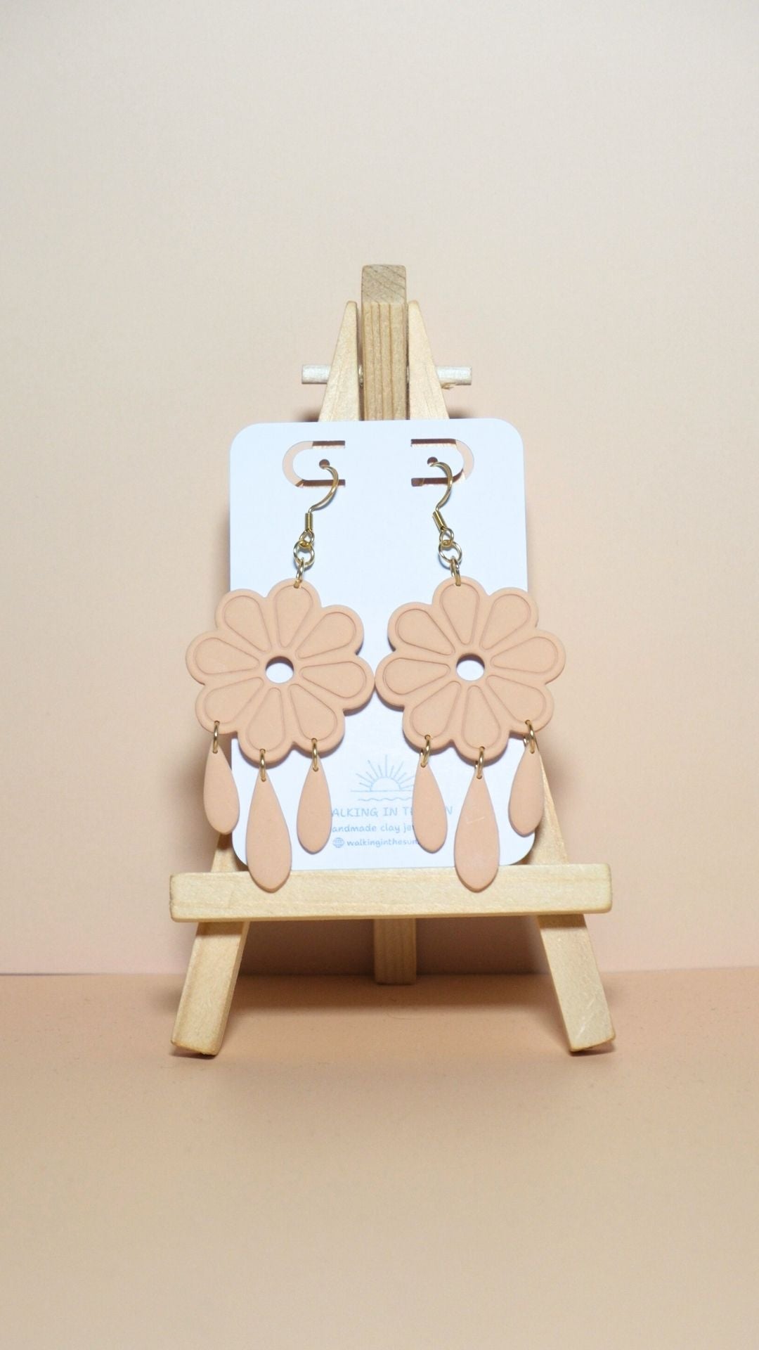 Handmade floral with dangles polymer clay earrings in sandy beige