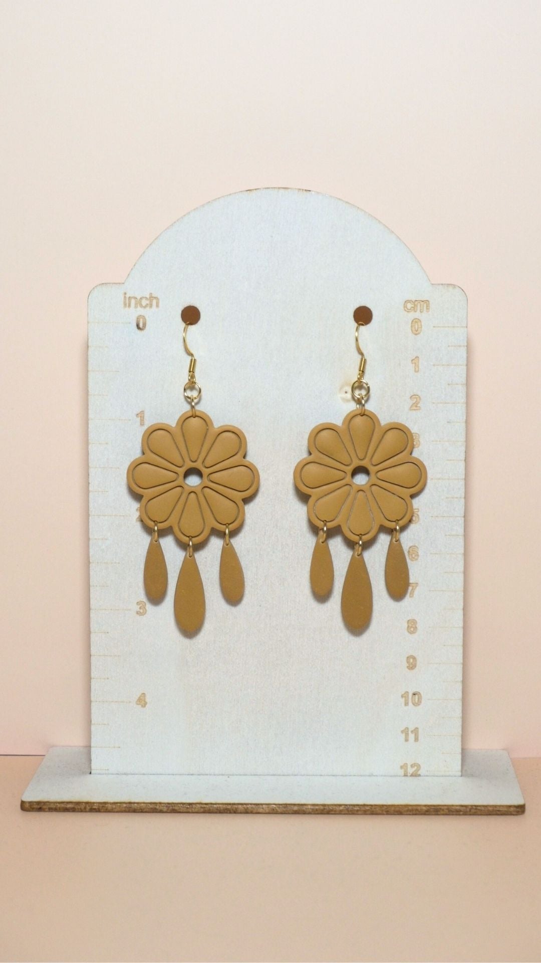 Handmade floral with dangles polymer clay earrings size guide showing scale and measurements – Autumn collection