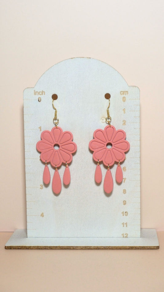 Handmade floral with dangles polymer clay earrings size guide showing scale and measurements – Summer collection