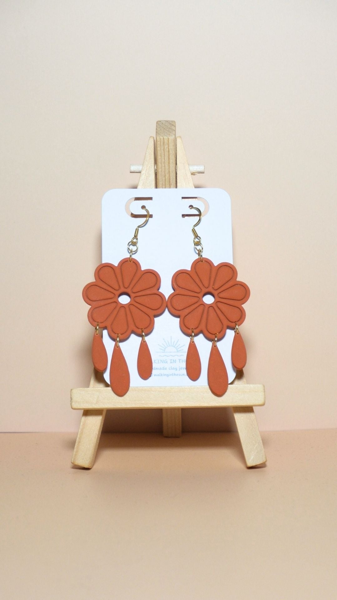 Handmade floral with dangles polymer clay earrings in sunny orange