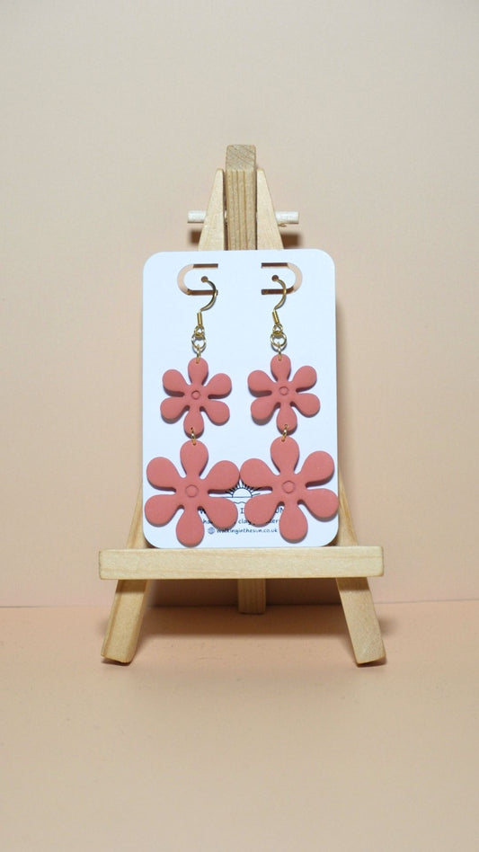 Handmade flower stack polymer clay earrings in coral pink